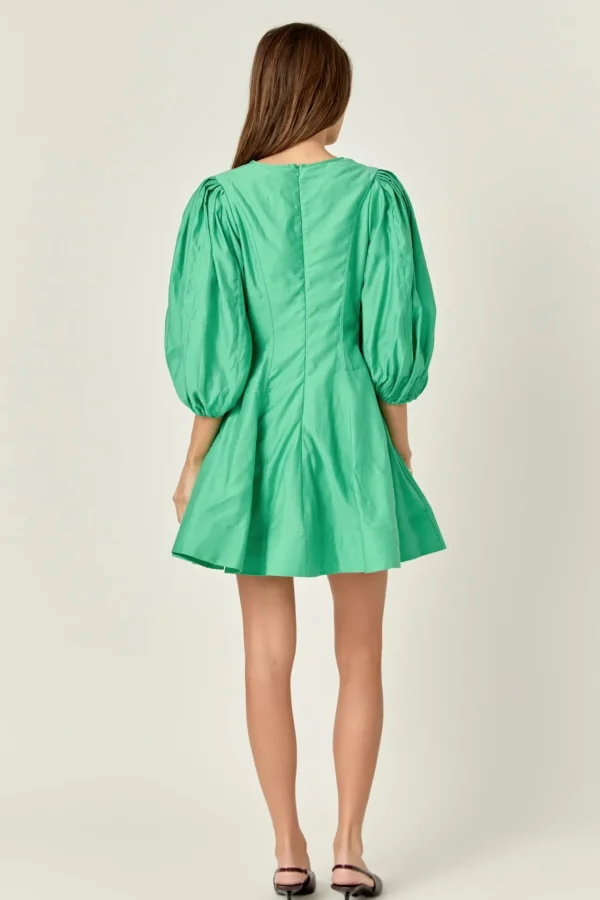ENGLISH FACTORY Tops*- Puff Sleeve Flare Mini Dress GREEN