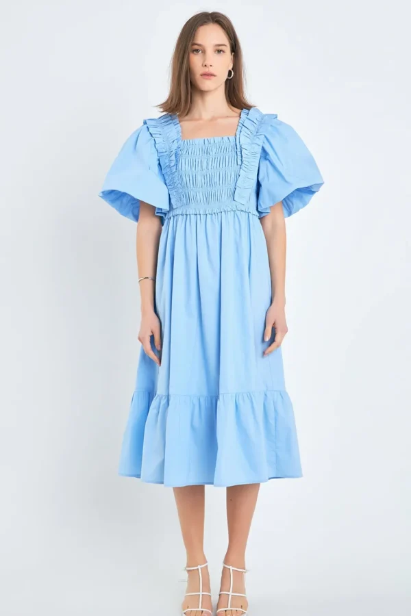 ENGLISH FACTORY Tops*- Puff Sleeve Square Neck Midi Dress