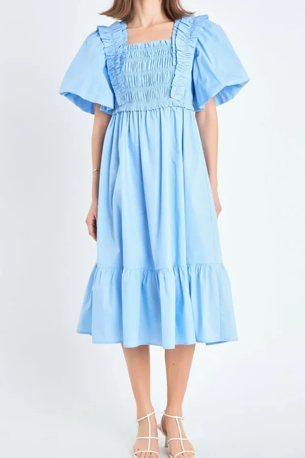 ENGLISH FACTORY Tops*- Puff Sleeve Square Neck Midi Dress