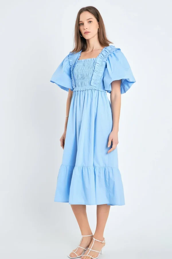 ENGLISH FACTORY Tops*- Puff Sleeve Square Neck Midi Dress