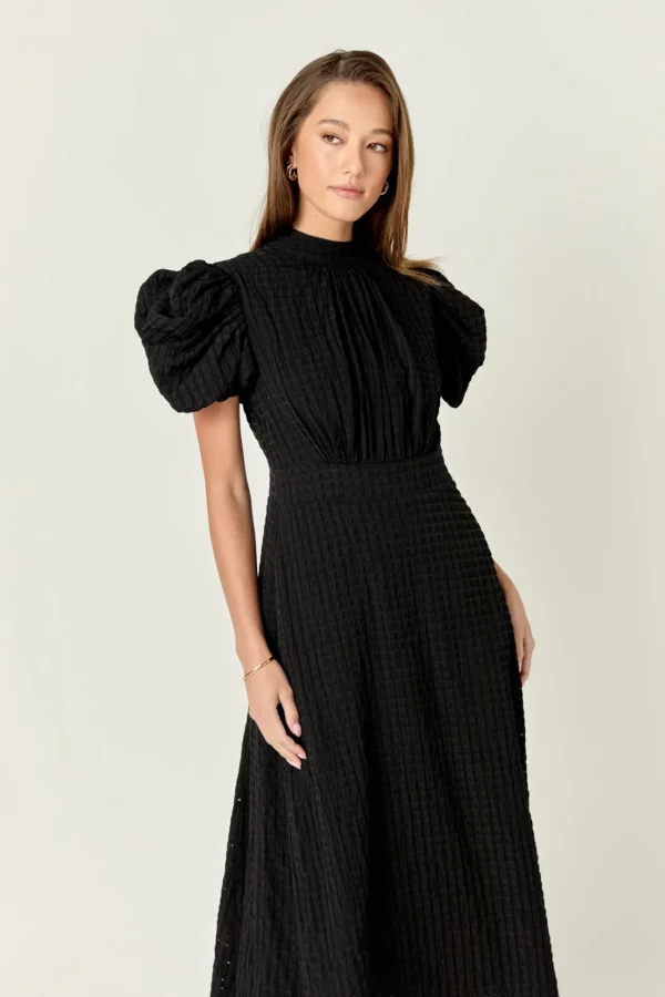 ENGLISH FACTORY Tops*- Puff Sleeves Midi Dress BLACK