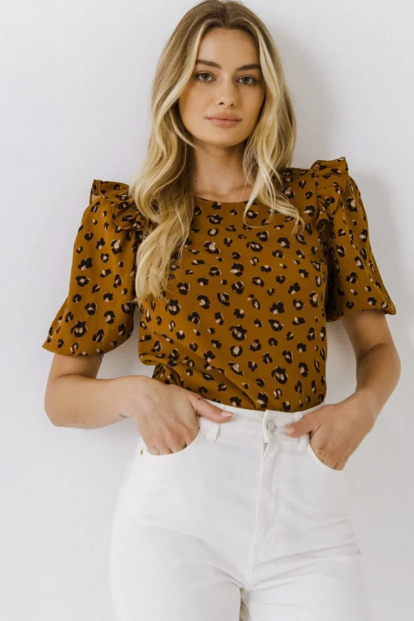 ENGLISH FACTORY Tops*- Puff Sleeve Printed Top BROWNMULTI
