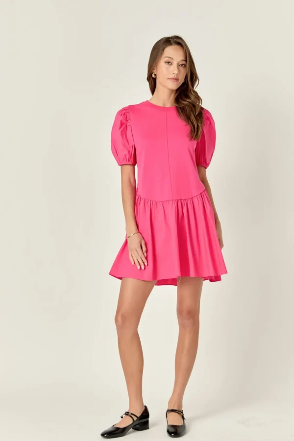 ENGLISH FACTORY Tops*- Puff Sleeve Mixed Media Mini Dress FUCHSIA