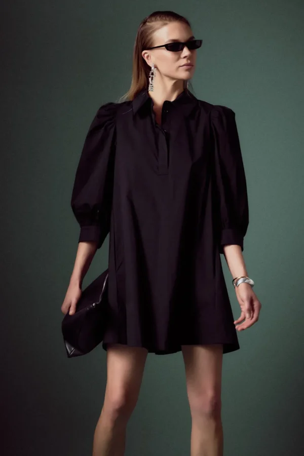 ENGLISH FACTORY Tops*- Puff Sleeve Shirt Mini Dress BLACK