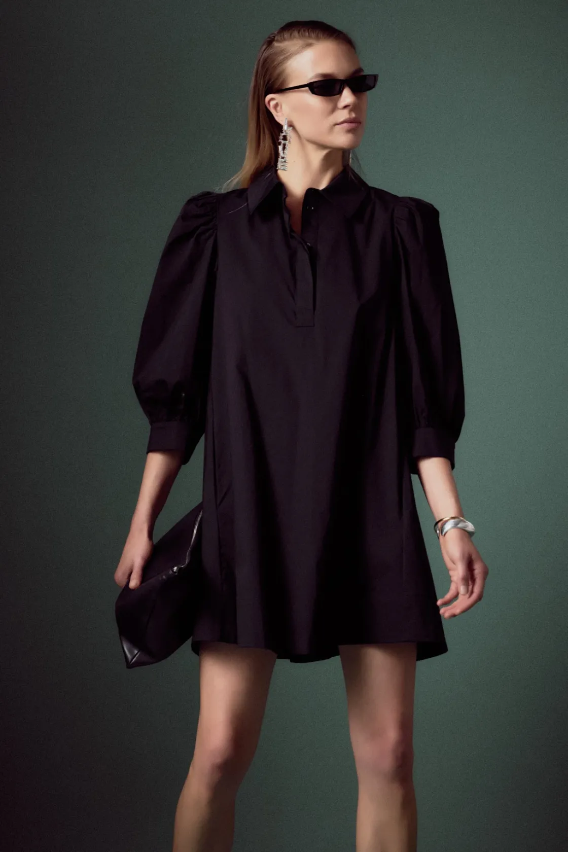 english_factory__puff_sle_3-6.webp ENGLISH FACTORY Tops*- Puff Sleeve Shirt Mini Dress BLACK