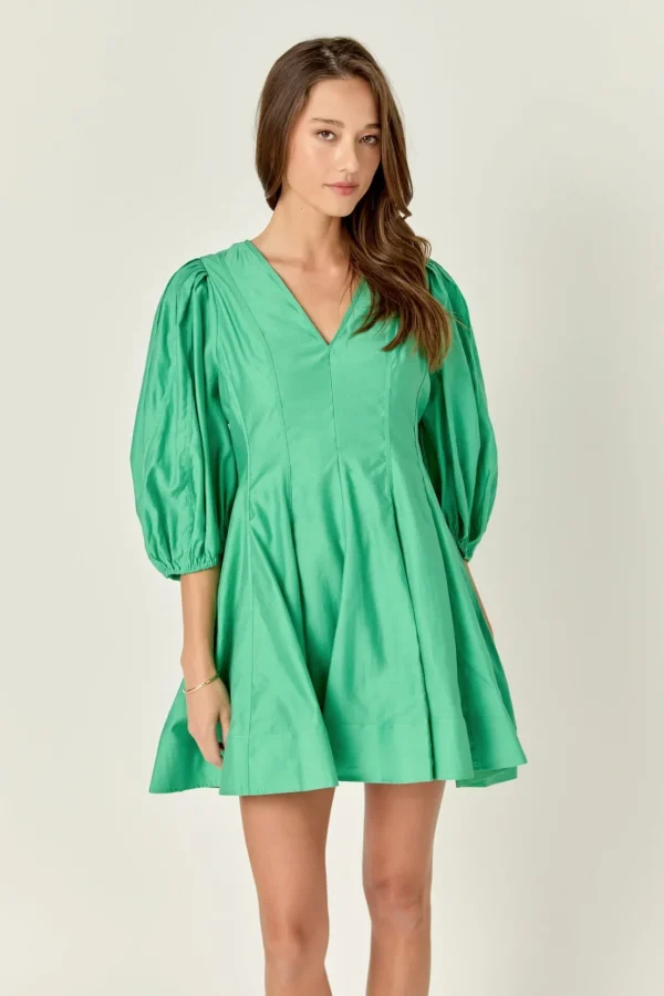 ENGLISH FACTORY Tops*- Puff Sleeve Flare Mini Dress GREEN