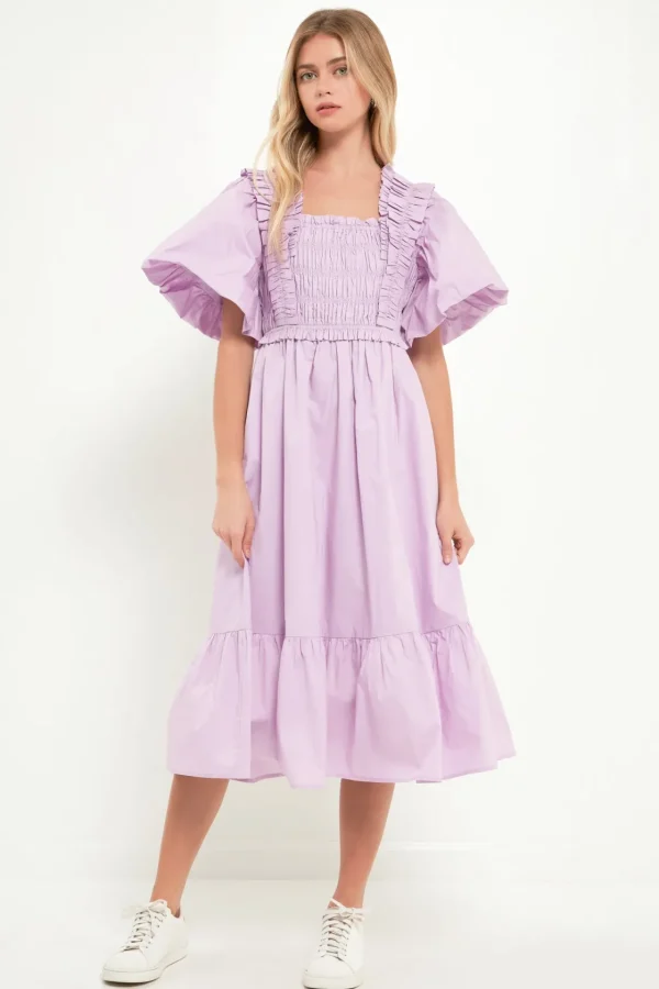 ENGLISH FACTORY Tops*- Puff Sleeve Square Neck Midi Dress
