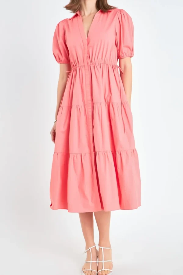 ENGLISH FACTORY Tops*- Puff Sleeve Tiered Midi Dress