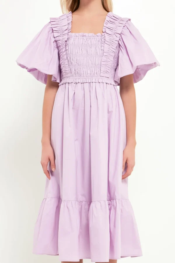 ENGLISH FACTORY Tops*- Puff Sleeve Square Neck Midi Dress