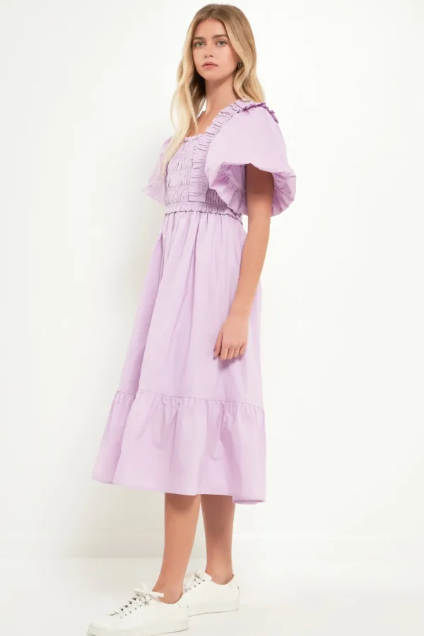 ENGLISH FACTORY Tops*- Puff Sleeve Square Neck Midi Dress