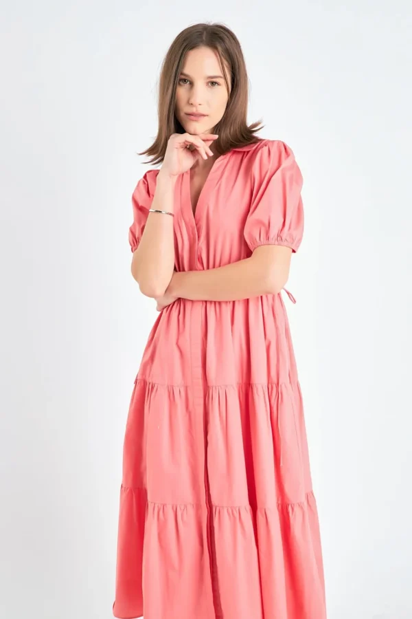 ENGLISH FACTORY Tops*- Puff Sleeve Tiered Midi Dress