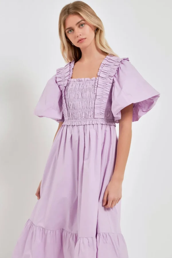 ENGLISH FACTORY Tops*- Puff Sleeve Square Neck Midi Dress