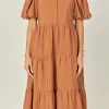 ENGLISH FACTORY Tops*- Quarter Sleeve Bow Tie Maxi Dress BROWN