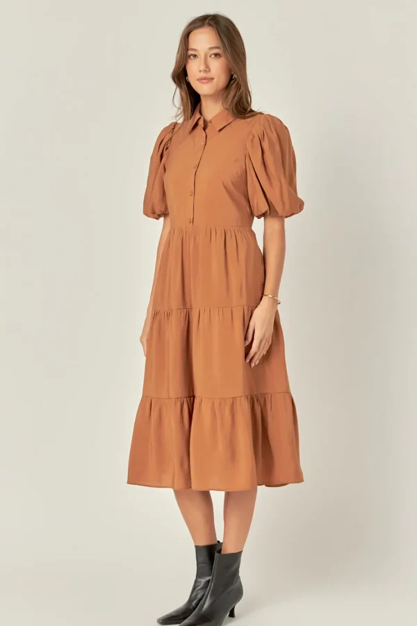 ENGLISH FACTORY Tops*- Quarter Sleeve Bow Tie Maxi Dress BROWN