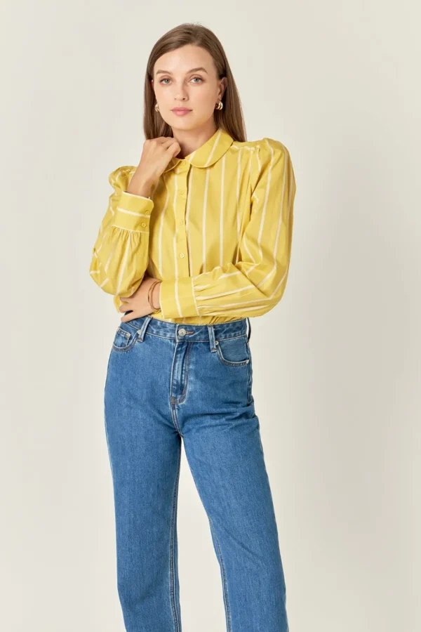 ENGLISH FACTORY Tops | Shirts & Blouses*- Round Collar Stripe Shirt MUSTARD
