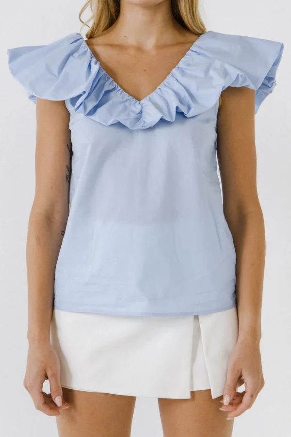 ENGLISH FACTORY Tops*- Ruffle at Neckline Top POWDERBLUE
