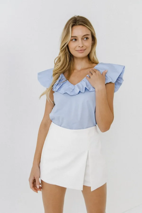 ENGLISH FACTORY Tops*- Ruffle at Neckline Top POWDERBLUE