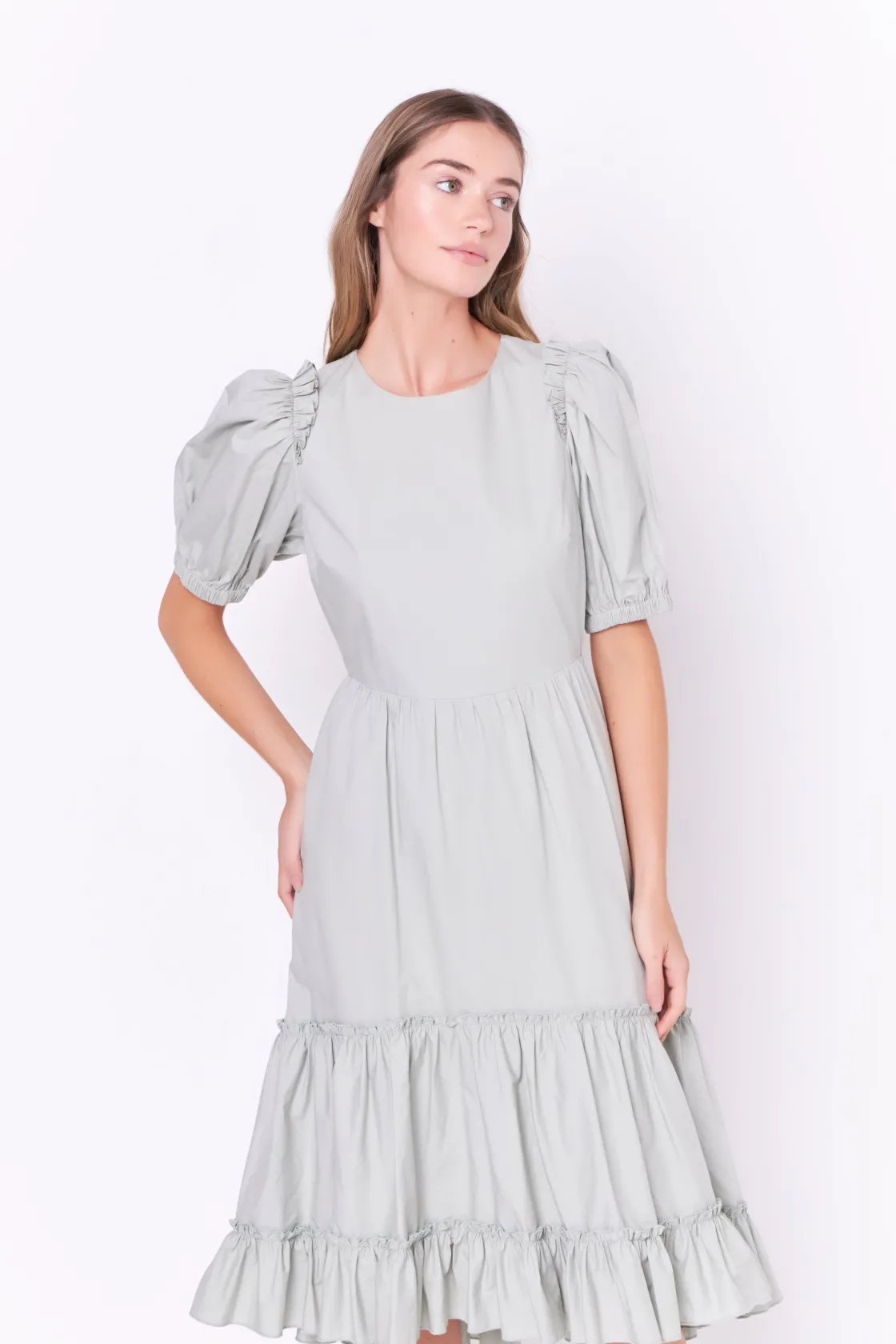 english_factory__ruffle_d_3-2.webp ENGLISH FACTORY Tops*- Ruffle Detail Midi Dress GREEN