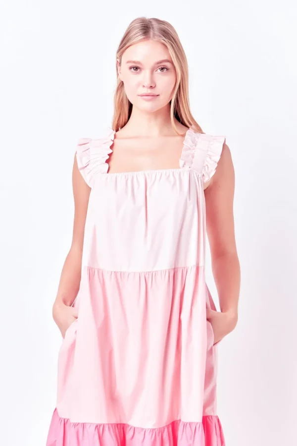 ENGLISH FACTORY Tops*- Ruffled Straps Color Block Midi Dress PINKMULTI