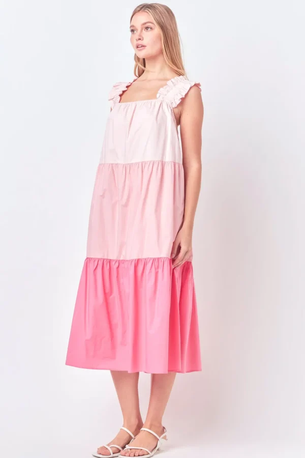 ENGLISH FACTORY Tops*- Ruffled Straps Color Block Midi Dress PINKMULTI