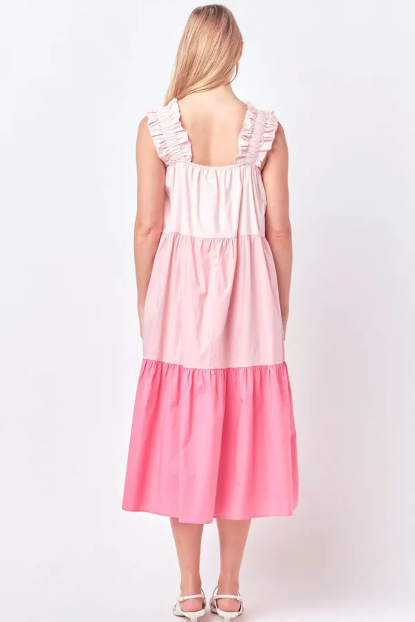 ENGLISH FACTORY Tops*- Ruffled Straps Color Block Midi Dress PINKMULTI