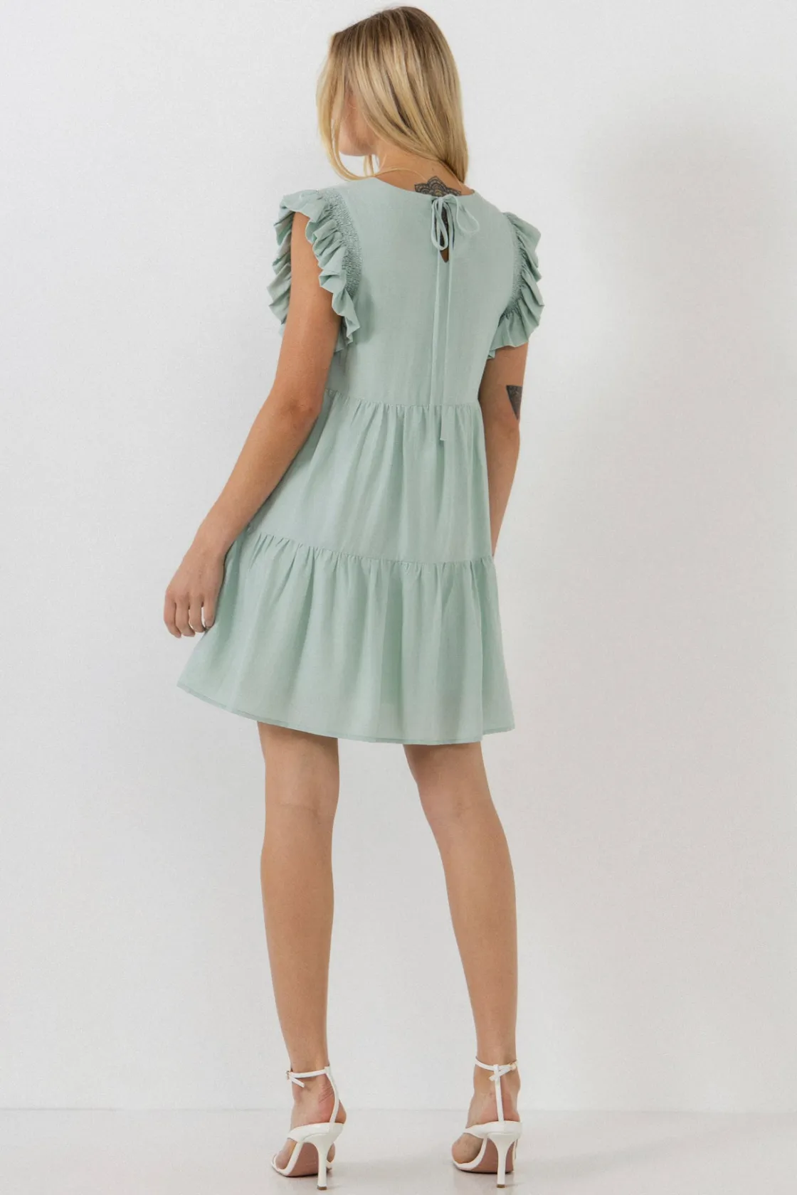 english_factory__ruffled__2-4.webp ENGLISH FACTORY Tops*- Ruffled Detail Mini Dress SAGE