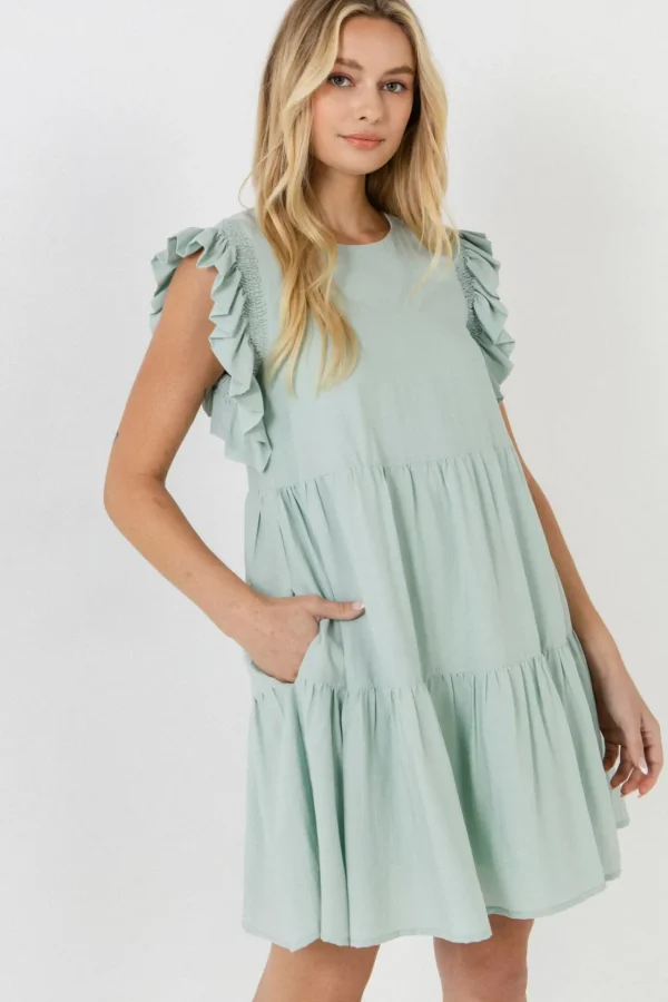 ENGLISH FACTORY Tops*- Ruffled Detail Mini Dress SAGE