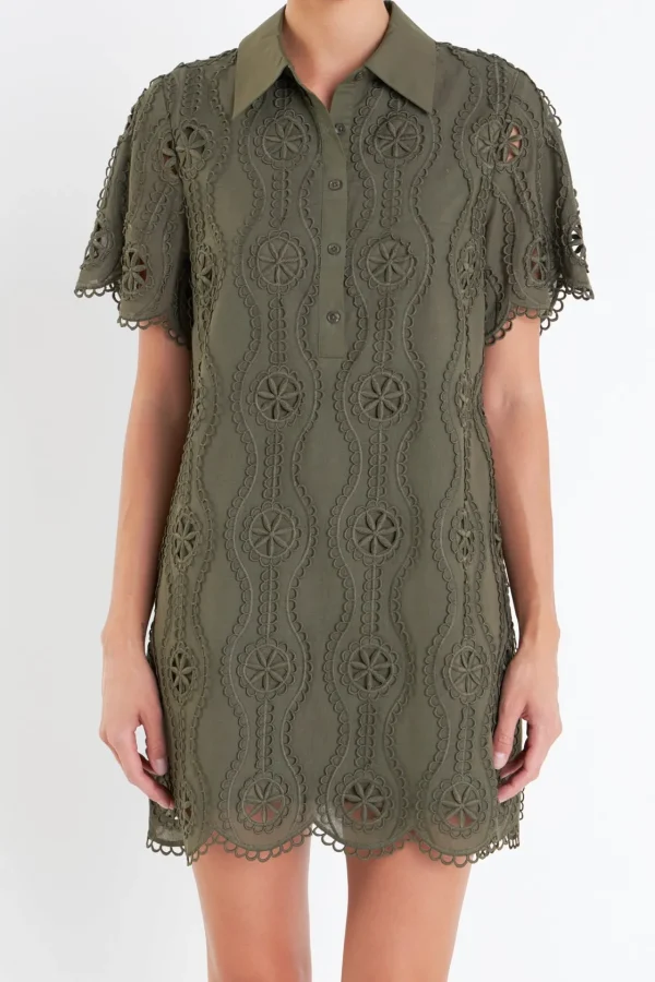 ENGLISH FACTORY Tops*- Scallop Embroidered Cotton Mini Shirt Dress