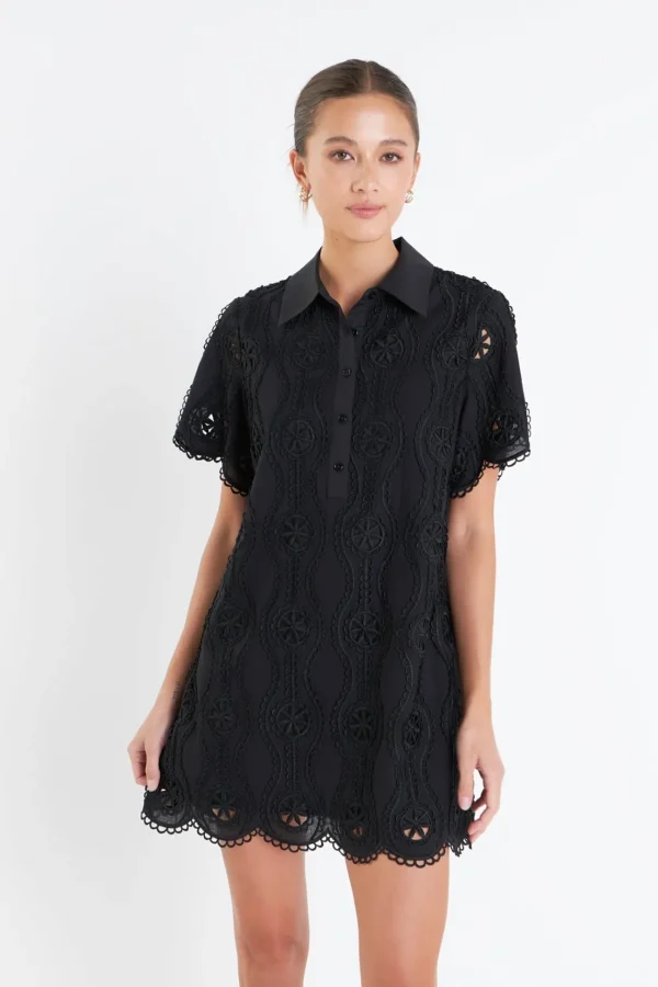 ENGLISH FACTORY Tops*- Scallop Embroidered Cotton Mini Shirt Dress