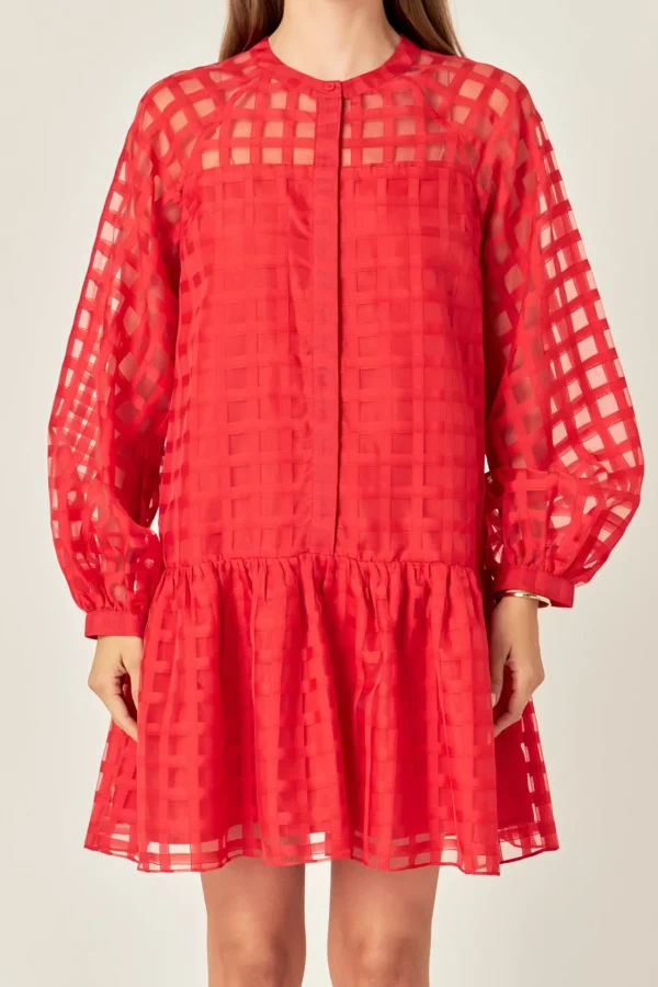 ENGLISH FACTORY Tops*- Sheer Checkered Organza Long Sleeve Mini Dress