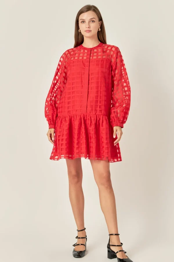 ENGLISH FACTORY Tops*- Sheer Checkered Organza Long Sleeve Mini Dress
