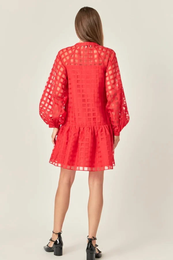 ENGLISH FACTORY Tops*- Sheer Checkered Organza Long Sleeve Mini Dress