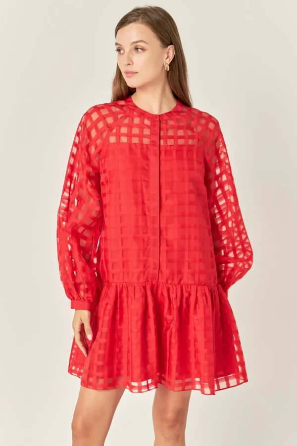 ENGLISH FACTORY Tops*- Sheer Checkered Organza Long Sleeve Mini Dress