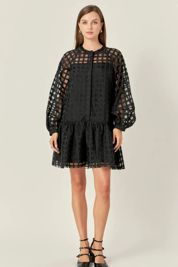 ENGLISH FACTORY Tops*- Sheer Checkered Organza Long Sleeve Mini Dress