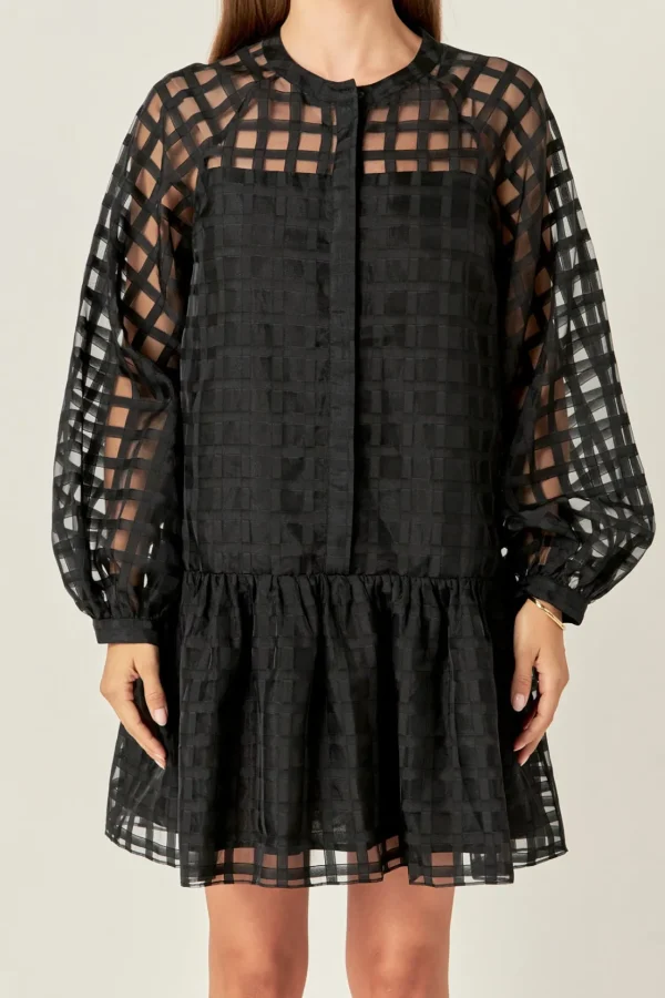 ENGLISH FACTORY Tops*- Sheer Checkered Organza Long Sleeve Mini Dress