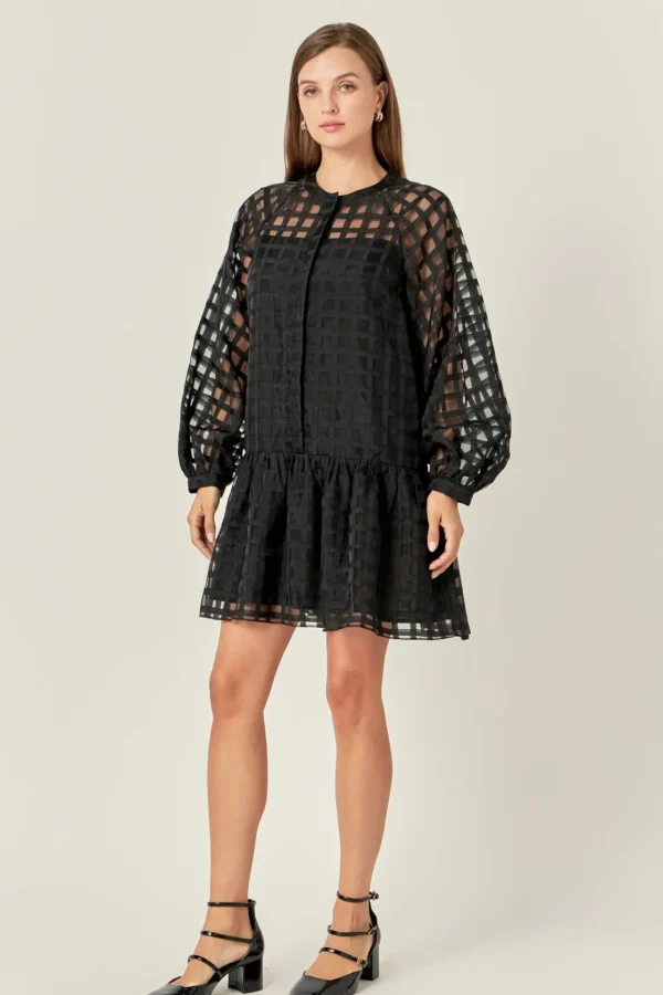 ENGLISH FACTORY Tops*- Sheer Checkered Organza Long Sleeve Mini Dress