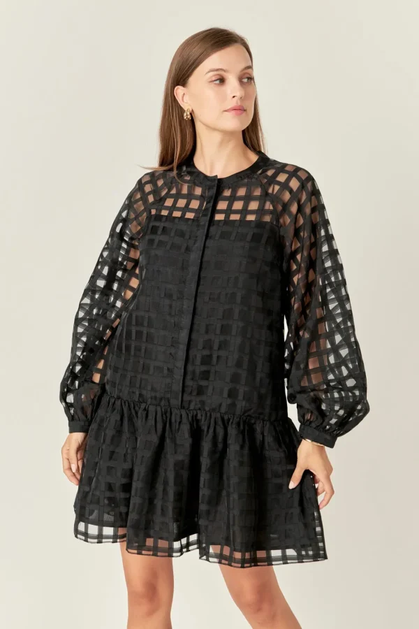 ENGLISH FACTORY Tops*- Sheer Checkered Organza Long Sleeve Mini Dress
