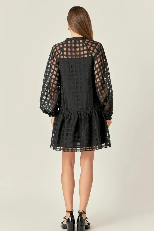 ENGLISH FACTORY Tops*- Sheer Checkered Organza Long Sleeve Mini Dress