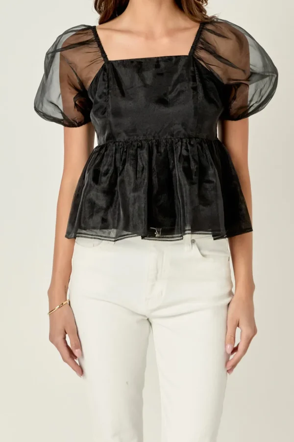 ENGLISH FACTORY Tops*- Sheer Organza Baby Doll Top