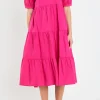ENGLISH FACTORY Tops*- Short Puff Sleeve V-Neck Midi Dress