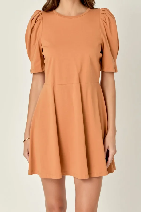 ENGLISH FACTORY Tops*- Short Puff Sleeve Mini Dress BROWN