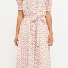 ENGLISH FACTORY Tops*- Short Puff Sleeve Floral Midi Dress WHITE/PINK