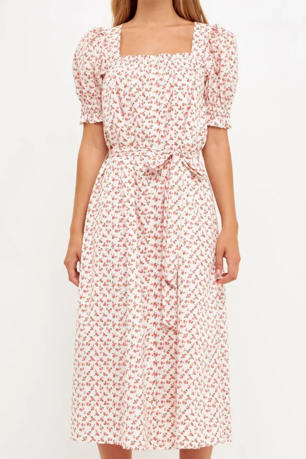ENGLISH FACTORY Tops*- Short Puff Sleeve Floral Midi Dress WHITE/PINK