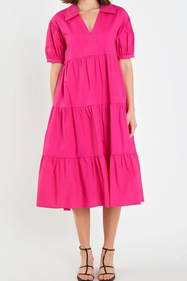 ENGLISH FACTORY Tops*- Short Puff Sleeve V-Neck Midi Dress