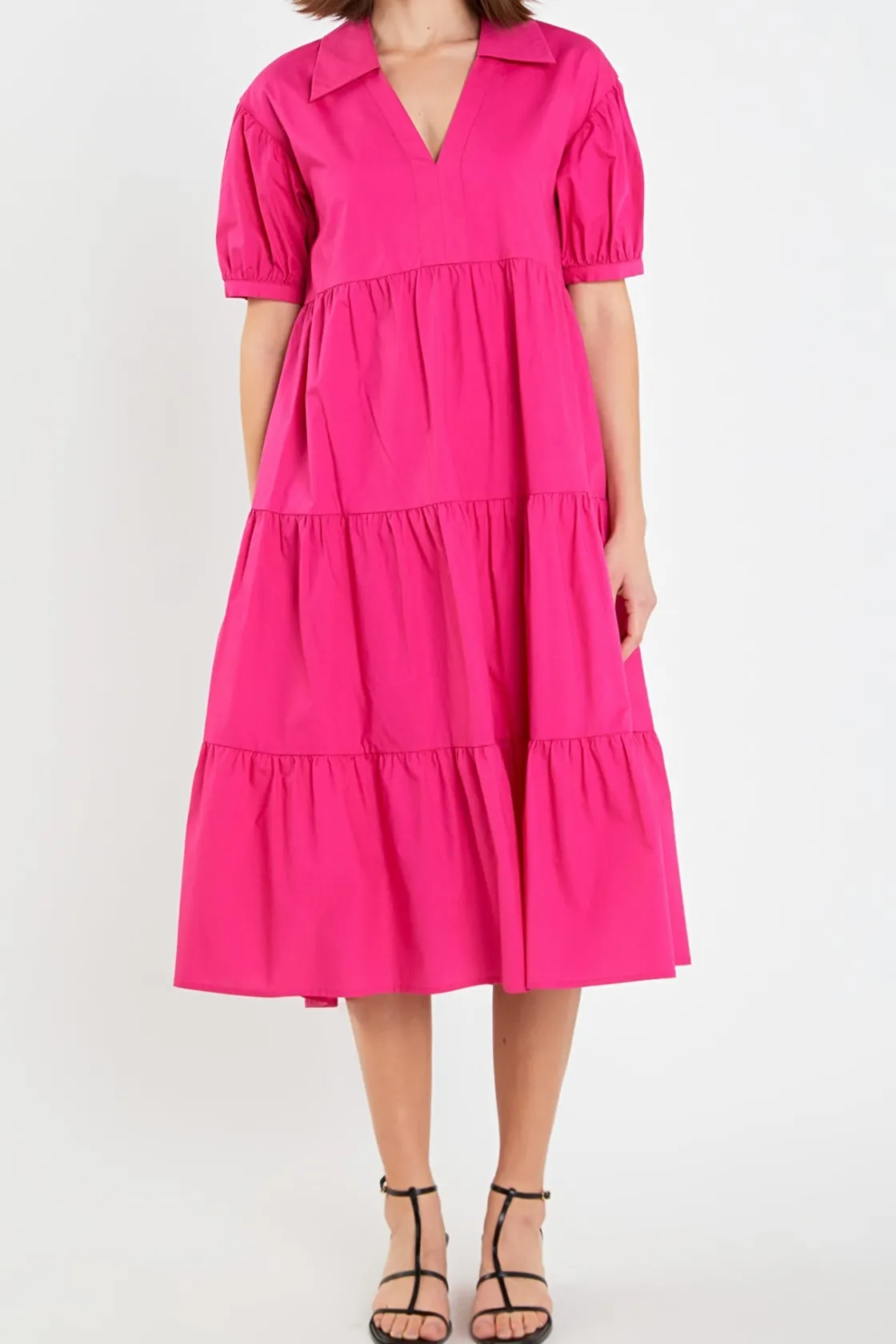 english_factory__short_pu_0.webp ENGLISH FACTORY Tops*- Short Puff Sleeve V-Neck Midi Dress