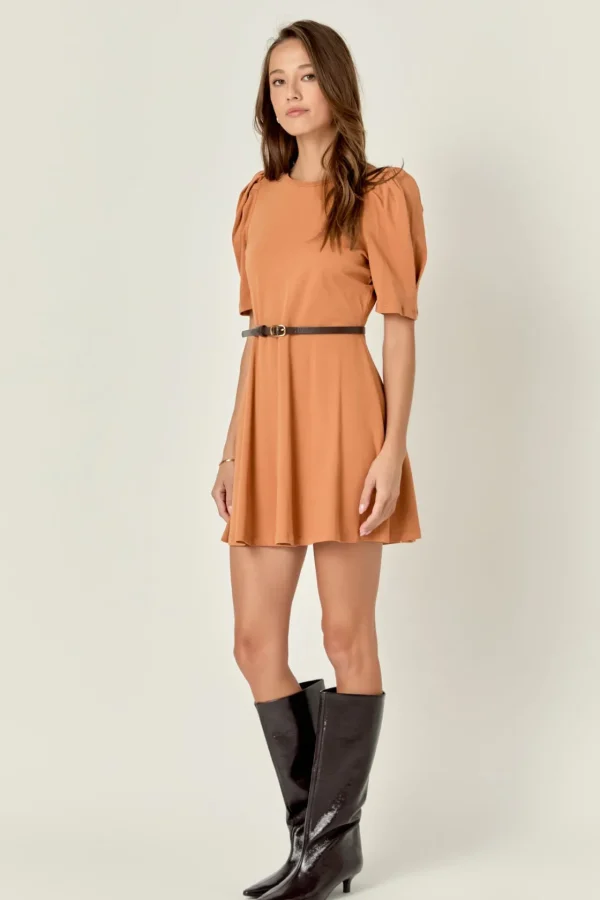 ENGLISH FACTORY Tops*- Short Puff Sleeve Mini Dress BROWN