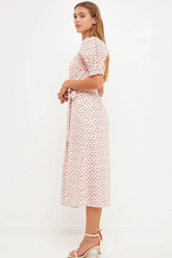 ENGLISH FACTORY Tops*- Short Puff Sleeve Floral Midi Dress WHITE/PINK