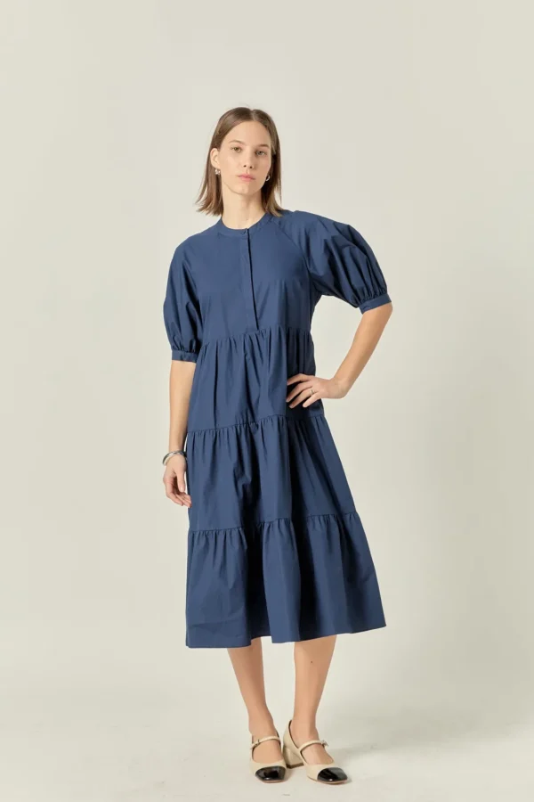 ENGLISH FACTORY Tops*- Short Puff Sleeve Midi Dress