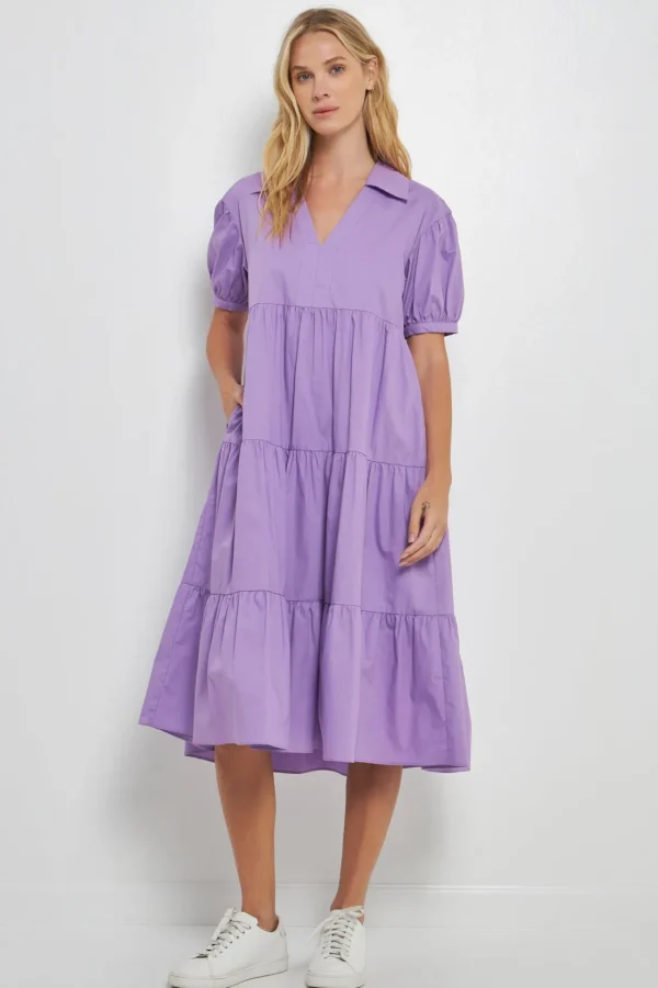 ENGLISH FACTORY Tops*- Short Puff Sleeve V-Neck Midi Dress