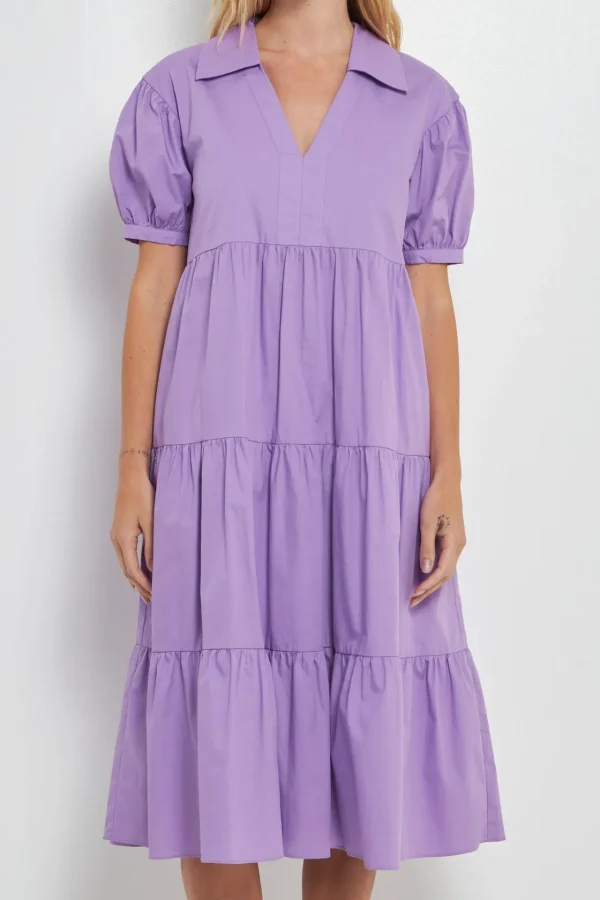 ENGLISH FACTORY Tops*- Short Puff Sleeve V-Neck Midi Dress